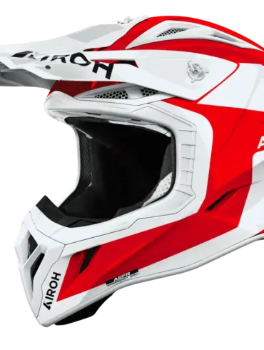 Airoh Aviator ACE 2 Iron Motorradhelm in der Farbkombination Rot/Weiß von der Seite.