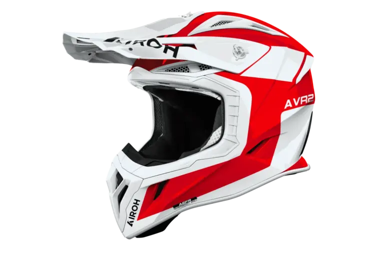 Airoh Aviator ACE 2 Iron Motorradhelm in der Farbkombination Rot/Weiß von der Seite.