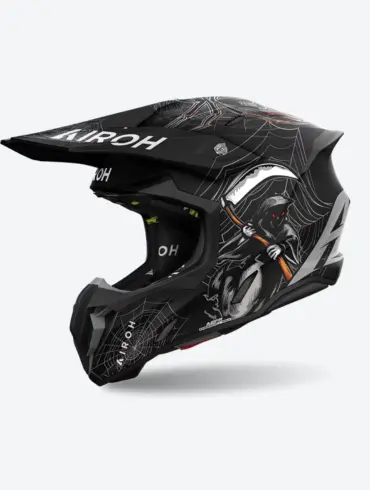 Airoh Twist 3 Arcade Enduro-Helm, schwarz mit Sensenmann und Spinnennetzgrafik, Seitenansicht