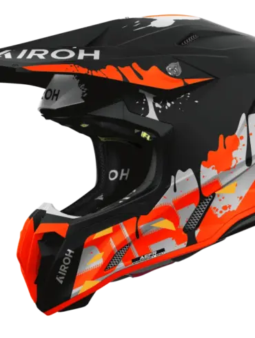 Airoh TWIST 3 DIRT Offroad-Helm, matt, mit auffälligen roten und orangen Grafikelementen, Seitenansicht