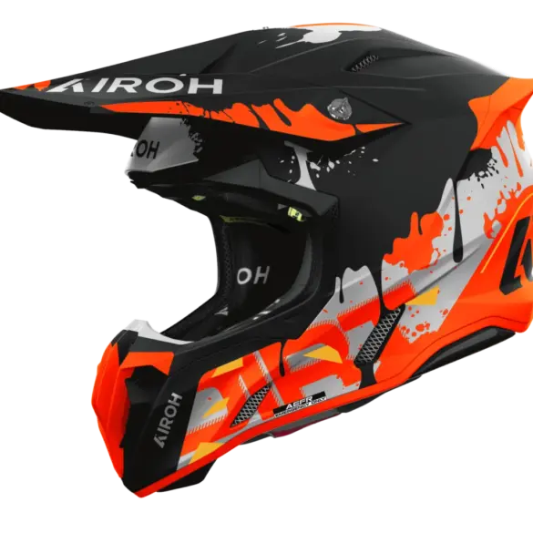 Airoh TWIST 3 DIRT Offroad-Helm, matt, mit auffälligen roten und orangen Grafikelementen, Seitenansicht