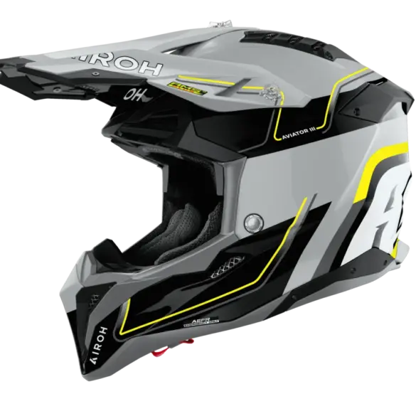 Airoh Aviator 3 Leader Motorradhelm, seitliche Ansicht, gelb-schwarzes Design mit Visier und Belüftung.