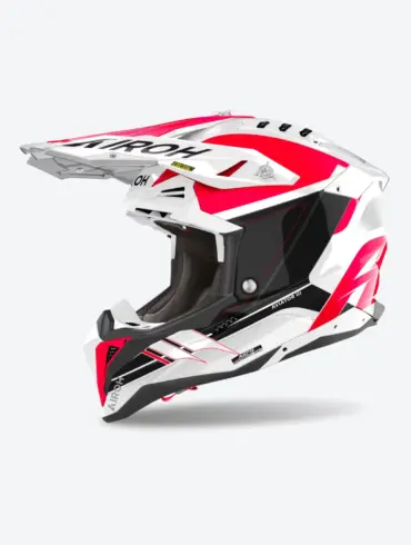 Seitenansicht des Airoh Aviator 3 Saber Offroad-Helms in Rot, Weiß und Schwarz.