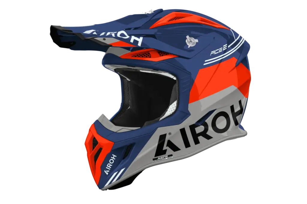 Offroad-Helm Airoh Aviator ACE 2 FURY in Blau, Orange und Grau mit Belüftungen und Visier.