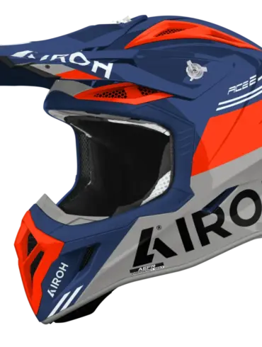 Offroad-Helm Airoh Aviator ACE 2 FURY in Blau, Orange und Grau mit Belüftungen und Visier.
