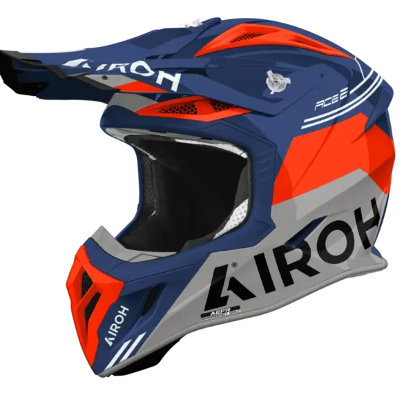 Offroad-Helm Airoh Aviator ACE 2 FURY in Blau, Orange und Grau mit Belüftungen und Visier.