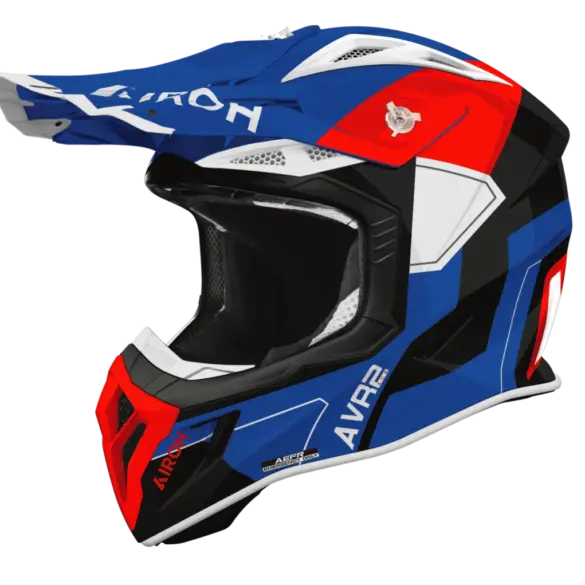 Airoh Aviator ACE 2 Crosshelm in Blau, Rot und Weiß mit markantem Visier und sportlichem Design