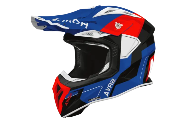 Airoh Aviator ACE 2 Crosshelm in Blau, Rot und Weiß mit markantem Visier und sportlichem Design