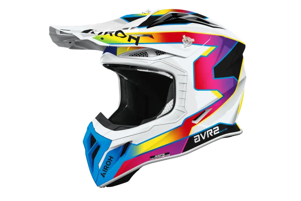 AVIATOR ACE 2 SUNRISE Motorradhelm mit bunter Grafik und robustem Visier seitlich abgebildet