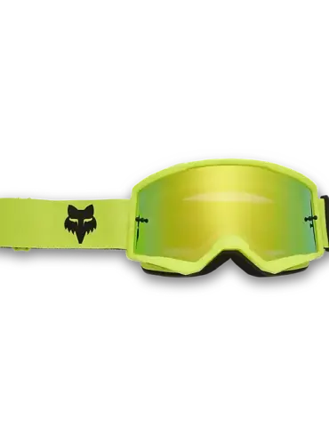 Gelbe Motocross-Brille Fox Main mit verspiegelter Sichtscheibe auf weißem Hintergrund