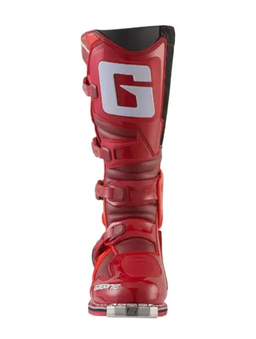 Frontansicht eines roten Motocross-Stiefels FASTBACK ENDURANCE BLOOD MOON mit vier Schnallen und markantem 'G'-Logo am Schienbein.