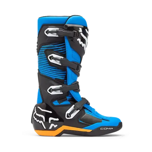 Blauer Fox Comp Motocross-Stiefel mit Schnallen und Fox-Logo von der Seite