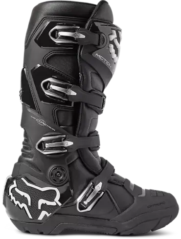 Schwarzer Motocross-Stiefel Fox Motion X mit vier Metallschnallen und Fox-Logo