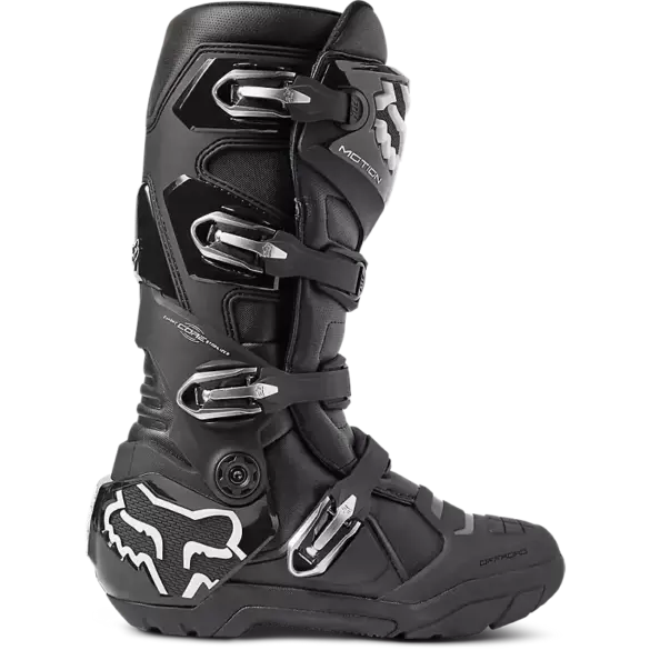 Schwarzer Motocross-Stiefel Fox Motion X mit vier Metallschnallen und Fox-Logo