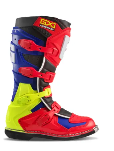 Bunter Gaerne GX1 Offroad-Motocross-Stiefel mit vier verstellbaren Schnallen, verstärkter Schienbeinplatte und Composite-Sohle, Seitenansicht.