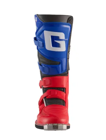 GXJ Motocross-Kinderstiefel Frontansicht, rot-blau, mit mehrfachen Schnallen für sicheren Halt.