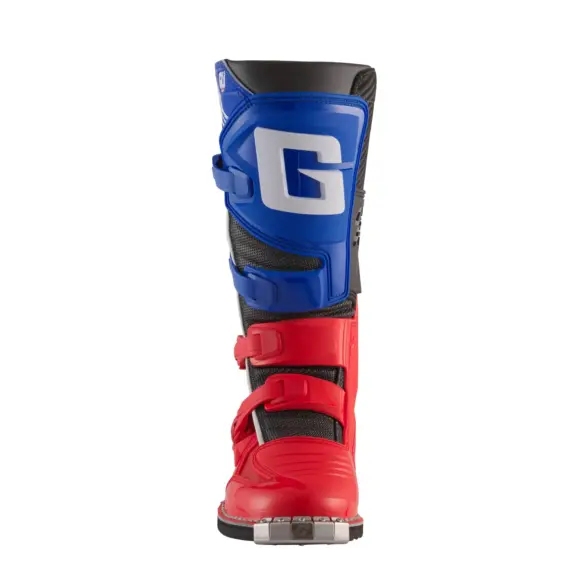 GXJ Motocross-Kinderstiefel Frontansicht, rot-blau, mit mehrfachen Schnallen für sicheren Halt.