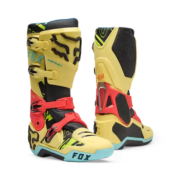 FOX Instinct Elevated Motocross-Stiefel in der limitierten Farbvariante Lemonade, mit auffälligem Design und robusten Schnallen.
