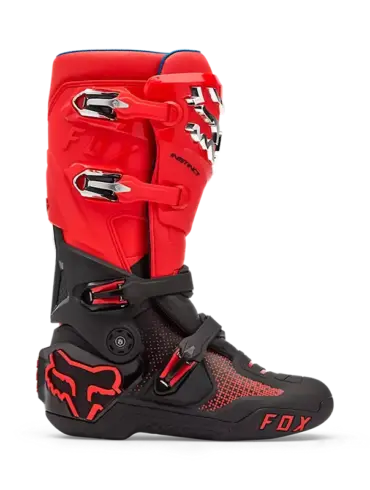 Seitenansicht des FOX Instinct Motocross-Stiefels in Rot-Schwarz mit verschließbaren Schnallen.