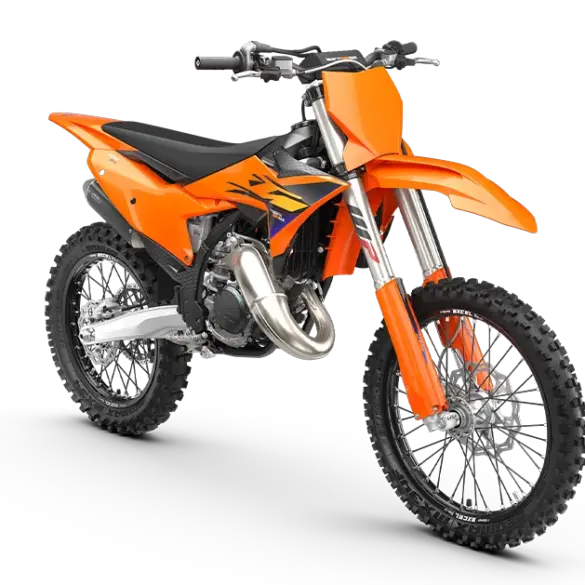 KTM 125 SX 2026 in oranger Verkleidung mit schwarzen und violetten Akzenten, seitliche Ansicht im Stand.