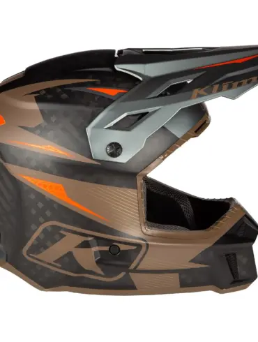 KLIM F3 Carbon Pro Helm aus Carbonfaser mit orangenen und bronzefarbenen Details, große Augenöffnung und peak Visier