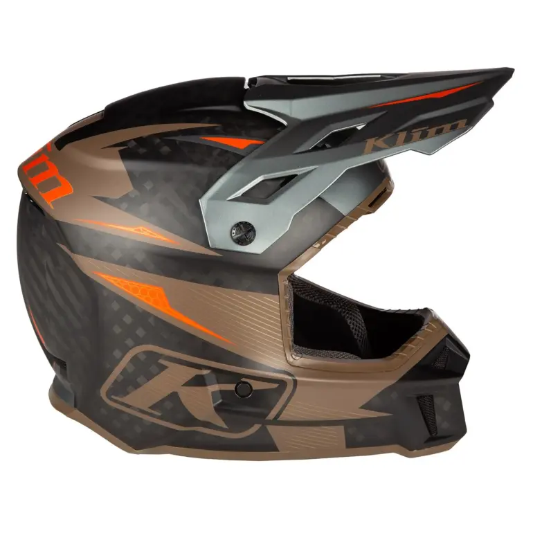 KLIM F3 Carbon Pro Helm aus Carbonfaser mit orangenen und bronzefarbenen Details, große Augenöffnung und peak Visier