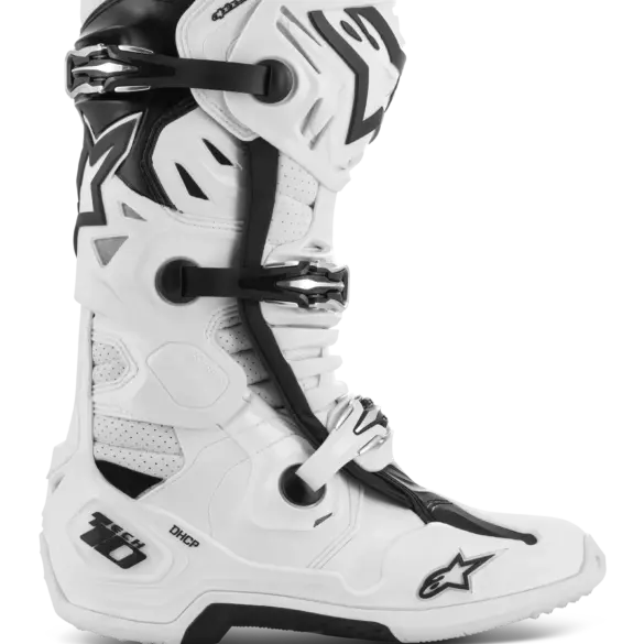 Alpinestars Tech 10 Supervented Stiefel, weiß, mit Belüftungsöffnungen und Schnallen, Moto-Cross-Stiefel, Seitenansicht