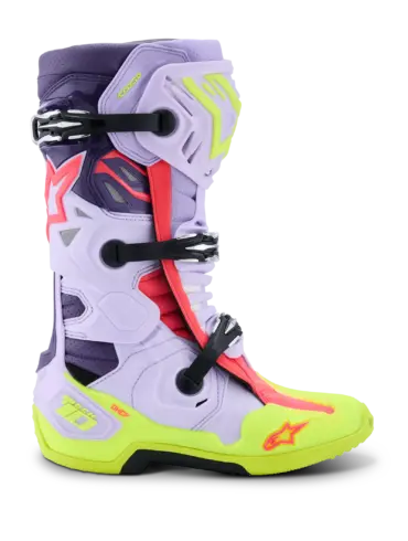Alpinestars Tech 10 Supervented Motocross-Stiefel in Lila, Gelb-Fluo und Pink, seitliche Ansicht