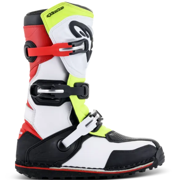 Technischer Offroad-Stiefel Alpinestars Tech-T mit drei Schnallen, TPU-Schienbeinplatte und griffiger Sohle in Weiß, Rot und Gelb Fluo