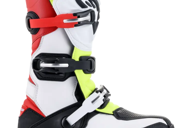 Technischer Offroad-Stiefel Alpinestars Tech-T mit drei Schnallen, TPU-Schienbeinplatte und griffiger Sohle in Weiß, Rot und Gelb Fluo