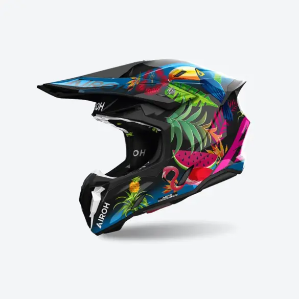 Airoh TWIST 3 AMAZONIA Motorradhelm mit farbenfrohen tropischen Motiven in Seitenansicht