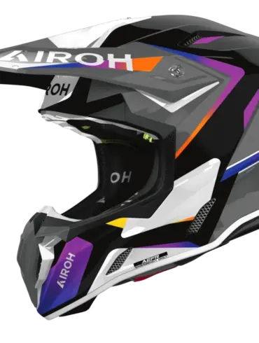 Offroad-Helm Airoh TWIST 3 HUSTLE in schwarzer, weißer und bunter Ausführung, Seitenansicht.