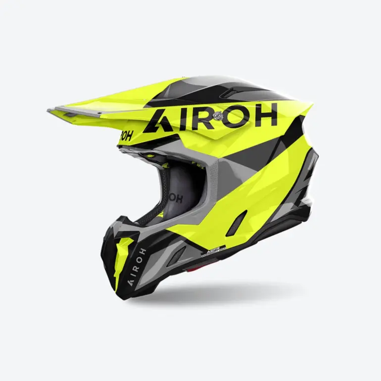 Airoh Twist 3 King Helm in Gelb Glanz mit markantem, aggressivem Design, seitliche Ansicht.