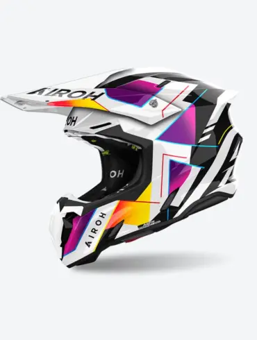 Airoh TWIST 3 RAINBOW Offroad-Helm mit buntem, geometrischem Design in Weiß, Schwarz, Gelb, Lila und Rot, Seitenansicht.
