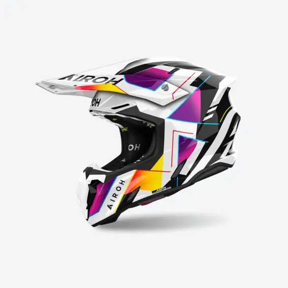 Airoh TWIST 3 RAINBOW Offroad-Helm mit buntem, geometrischem Design in Weiß, Schwarz, Gelb, Lila und Rot, Seitenansicht.