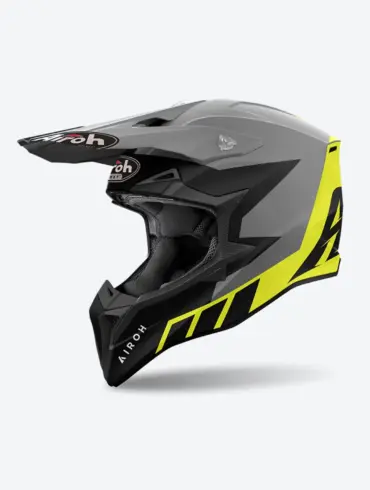 AIROH WRAAAP RELOADED Helm in Anthrazit matt und Gelb matt, Seitenansicht mit markanten Grafikelementen.