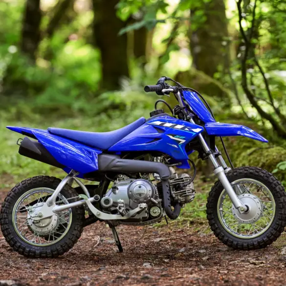 Yamaha TT-R50 Kinder-Motocross-Bike in Blau, geparkt auf einem Waldweg