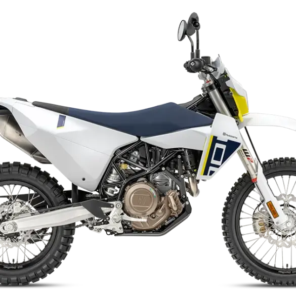 Seitenansicht der Husqvarna 701 Enduro 2026 mit charakteristischem Einzylinder-Motor und Offroad-Ausstattung.