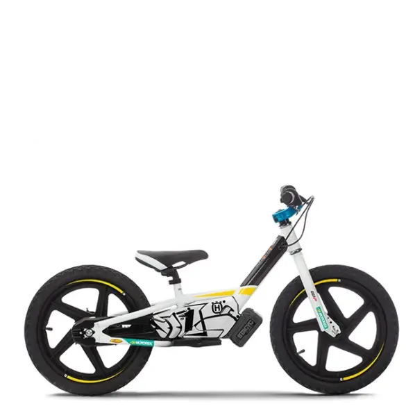 Elektrisches Kinder-Balance-Bike Husqvarna EE 1.16 in weißer Lackierung, seitlich fotografiert vor weißem Hintergrund