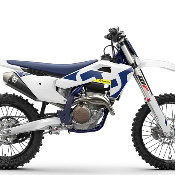 Husqvarna FC 250 2026 in Seitenansicht, weiß-blaues Motocross-Motorrad auf schwarzem Hintergrund.
