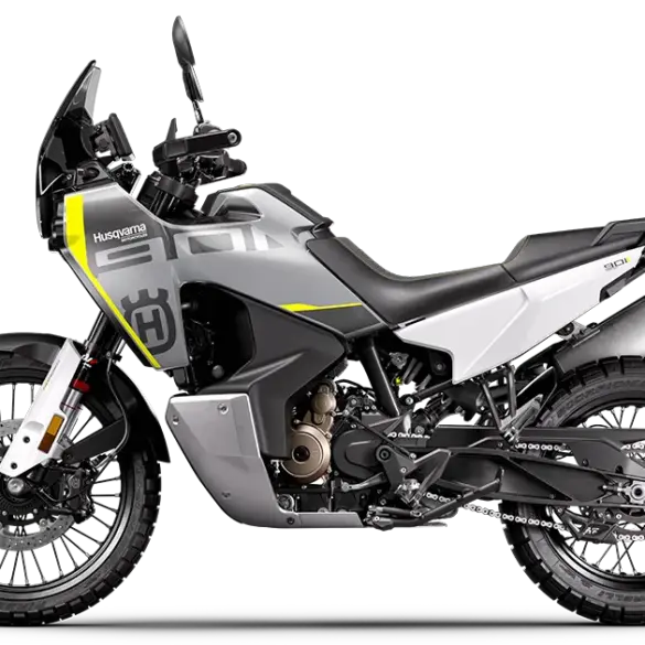 Seitenansicht der Husqvarna Norden 901 Reiseenduro, Modell 2022, mit gelben und grauen Akzenten.