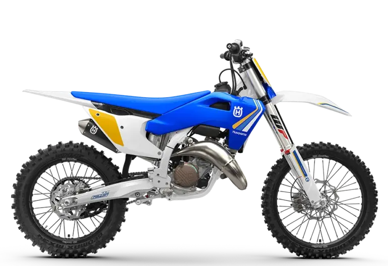 Motocross-Motorrad Husqvarna TC 125 Heritage 2025 mit blau-gelbem Design, Seitenansicht.