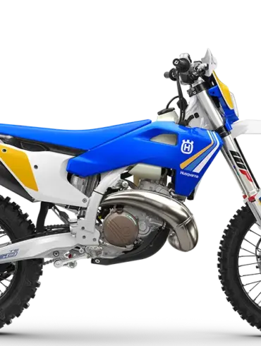 Husqvarna TE 250 Heritage 2025 Motorrad in Seitenansicht mit blau-gelbem Retro-Design