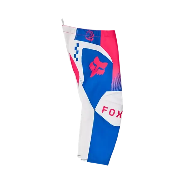 Seitenansicht der FOX 180 Collect Motocross-Hose für Kinder in Blau, Weiß und Pink
