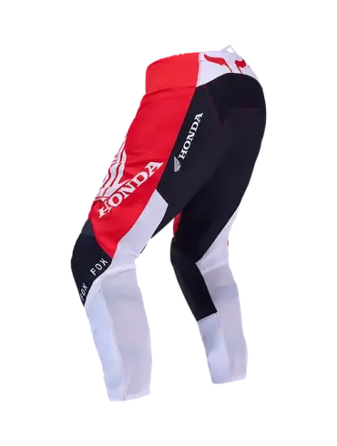 Motocross-Hose 180 Honda mit rotem, schwarzem und weißem Design und Honda-Schriftzügen, Rückansicht, Produktfoto vor weißem Hintergrund.