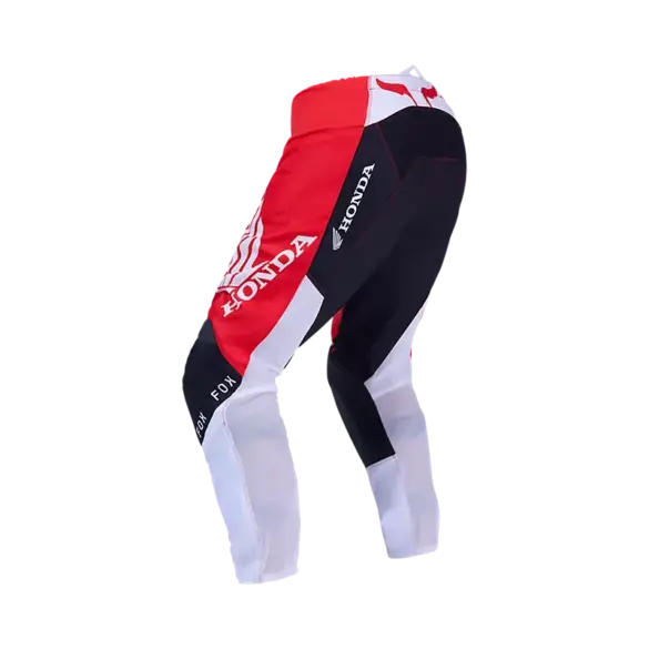 Motocross-Hose 180 Honda mit rotem, schwarzem und weißem Design und Honda-Schriftzügen, Rückansicht, Produktfoto vor weißem Hintergrund.