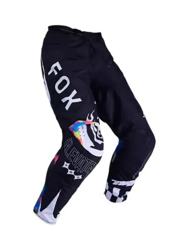 Schwarze Fox 180 Image Cosmo Motocross-Hose mit weißen und bunten grafischen Details.