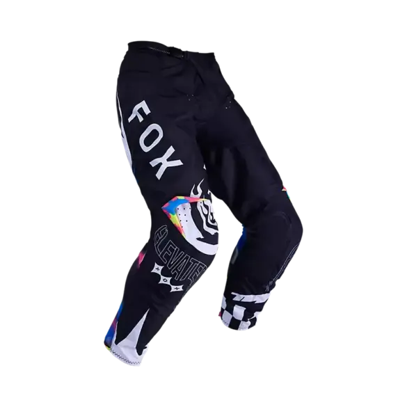 Schwarze Fox 180 Image Cosmo Motocross-Hose mit weißen und bunten grafischen Details.