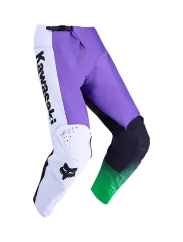 Motocross‑Hose in Lila und Weiß mit schwarzen und grünen Akzenten sowie Kawasaki‑Schriftzug, ausgelegt für hohe Belastbarkeit und Bewegungsfreiheit.