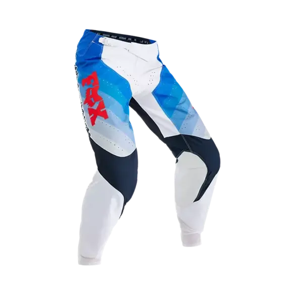 Blau-weiße 360 Fade Motocross-Hose mit roten Fox-Logo und verstärkten Kniebereichen.